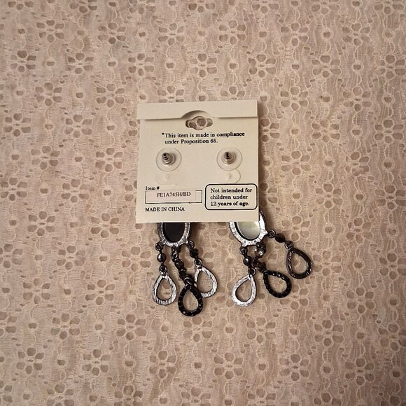 NEW AMI Black Onyx Long Drop Gray Crystal Dangle Earrings Women Jewelry Gifts - Picture 6 of 7